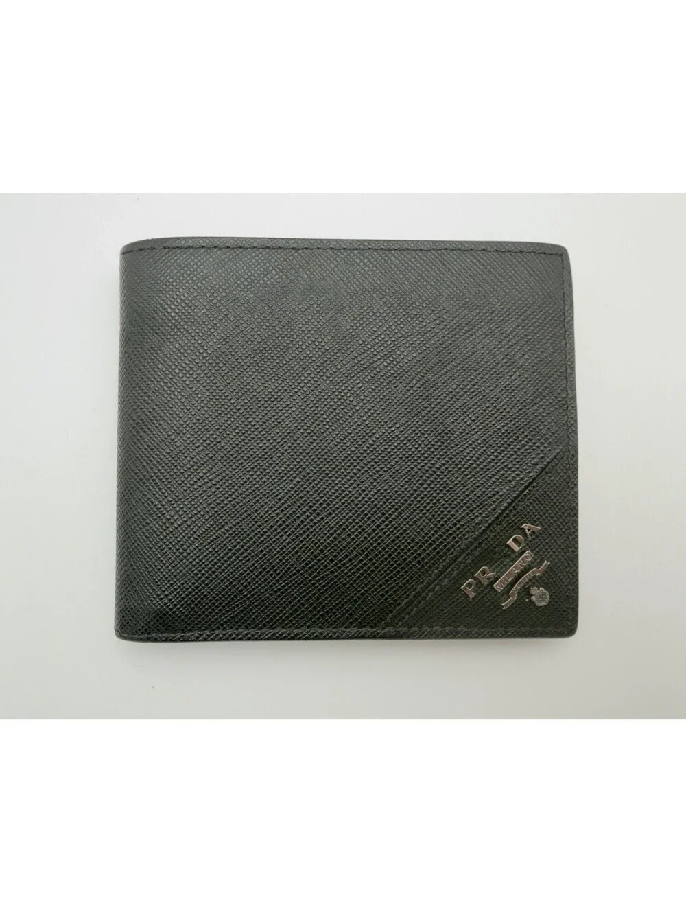Authentic Prada Saffiano Men's Bi-Fold Wallet Black Leather Missing Letter